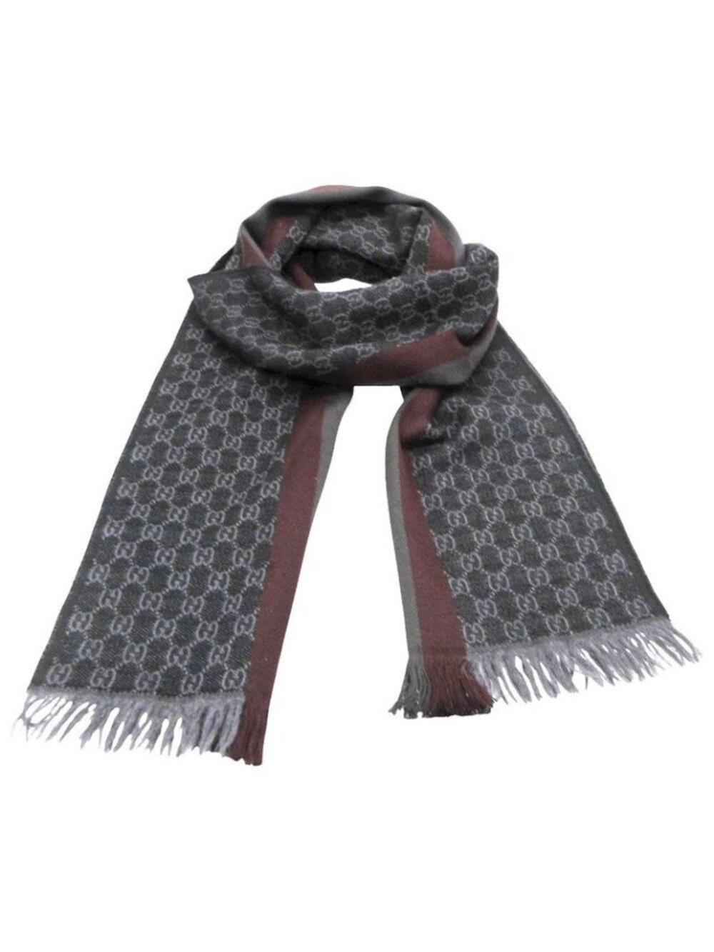 Gucci Scarf Shawl Web Line GG Pattern Fringe Gray Black - Picture 2 of 9